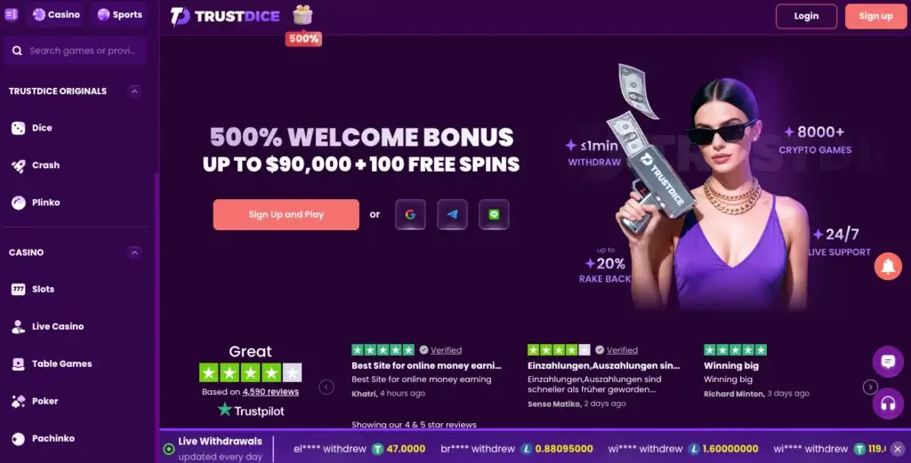 TrustDice crypto casino homepage