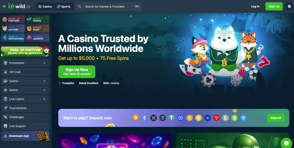 Wild.io crypto casino homepage